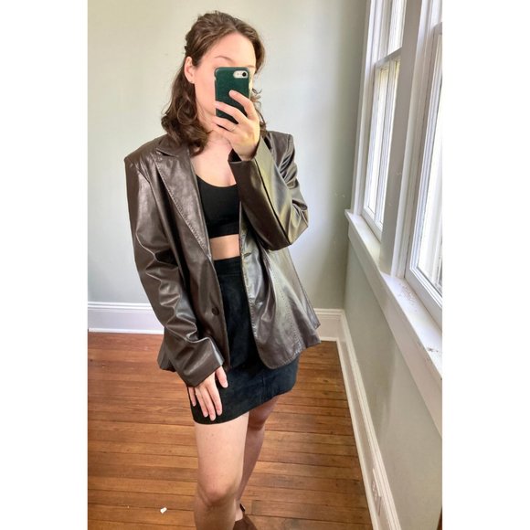 Vintage 100% Leather Y2K Chocolate Brown Blazer Jacket - Picture 2 of 9